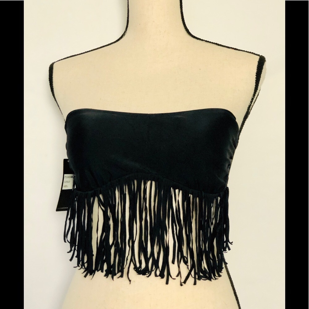 B. SPLIT Black Fringe Bikini Top L